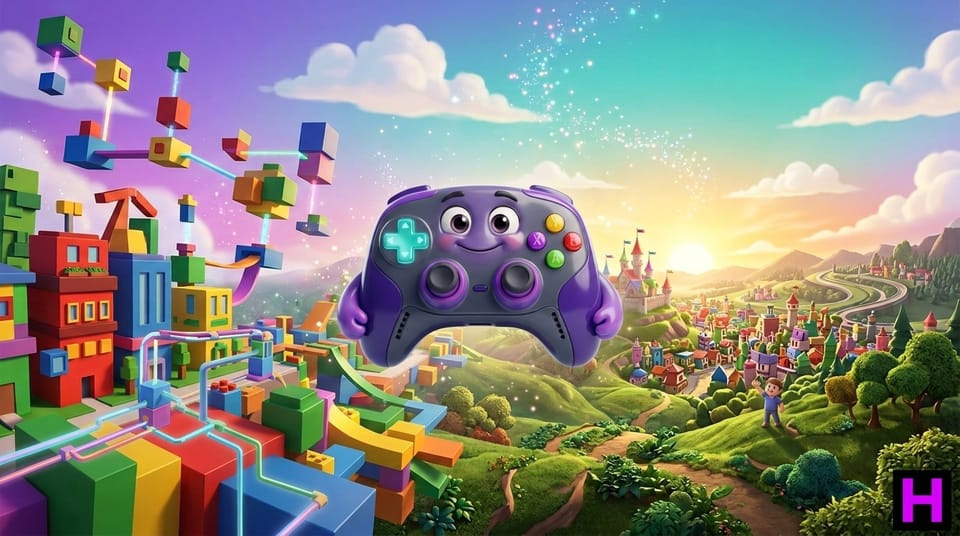 Mascote controle de videogame simpático em estilo Pixar cercado por blocos de Roblox, cenário 3D e partículas no Curso de Games Kids da Escola Habilidade