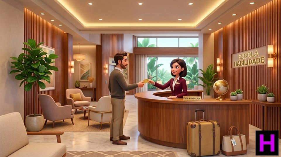 Recepcionista de hotel simpática em um lobby acolhedor com mala de viagem estilizada, símbolo do Curso de Hotelaria e Turismo da Escola Habilidade