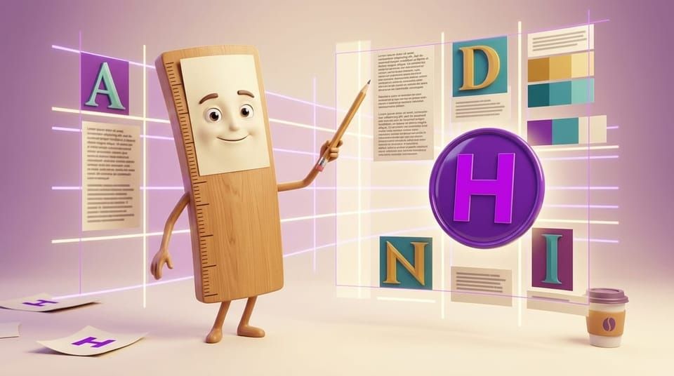 Mascote régua simpática diagramando uma página com texto e imagens no Curso de InDesign da Escola Habilidade