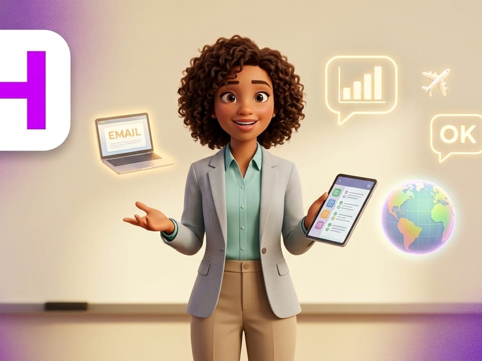 Profissional em ambiente corporativo internacional conversando em inglês com confiança, ao lado do logo da Escola Habilidade — Curso de Inglês Avançado