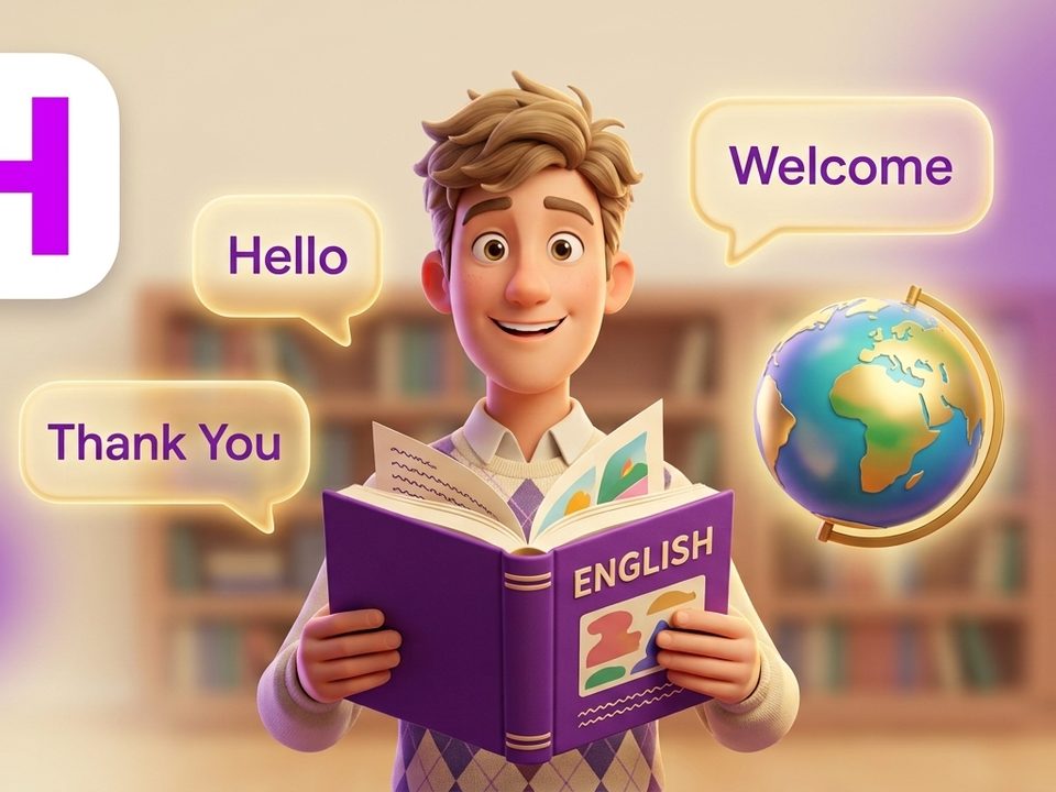 Personagem simpático estudando inglês com livro e globo no Curso de Inglês Básico da Escola Habilidade