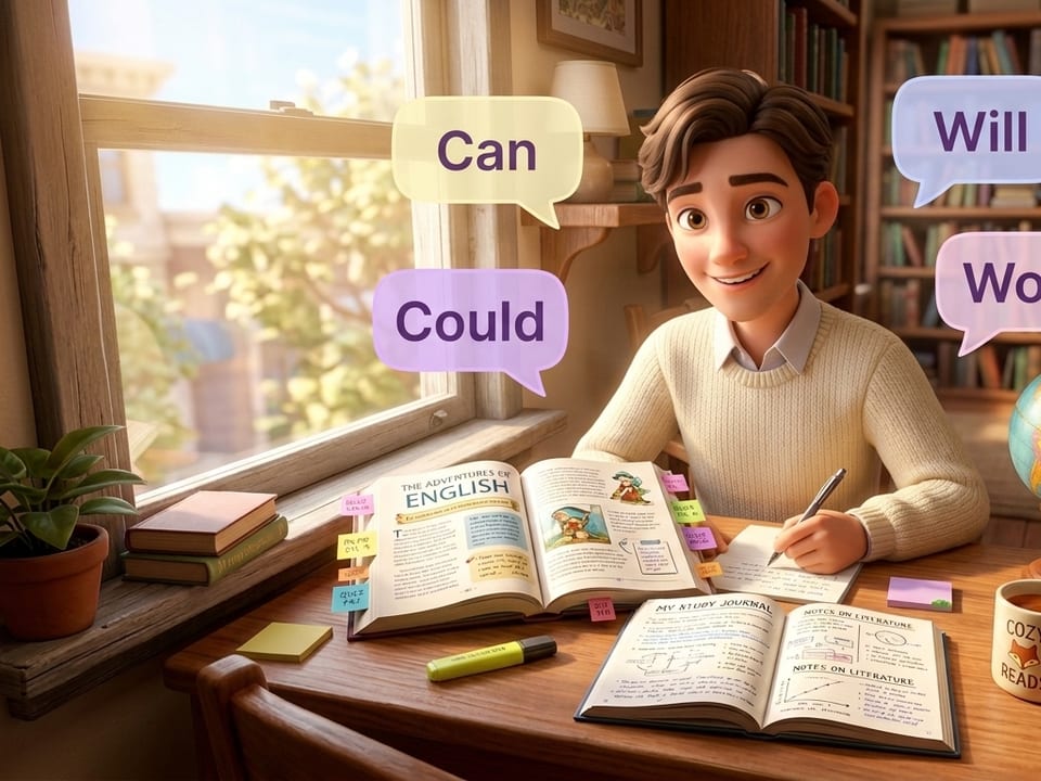 Personagem simpático estudando inglês intermediário com livro, diário e globo no Curso de Inglês Intermediário da Escola Habilidade