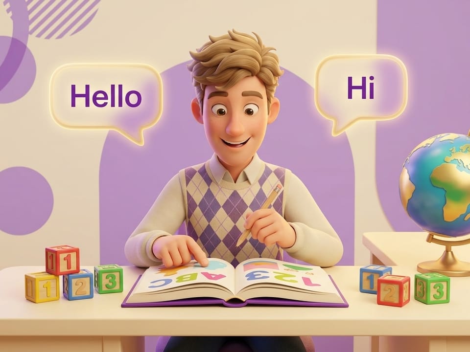 Personagem simpático estudando inglês do zero com livro, alfabeto e números no Curso de Inglês Introdutório da Escola Habilidade