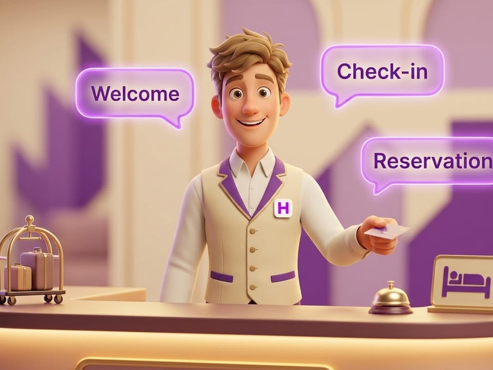 Personagem simpático em uniforme de hotelaria atendendo na recepção no Curso de Inglês para Hotelaria e Turismo da Escola Habilidade