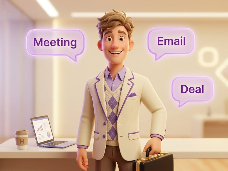 Personagem simpático em traje corporativo com pasta e balões de reunião no Curso de Inglês para Negócios da Escola Habilidade