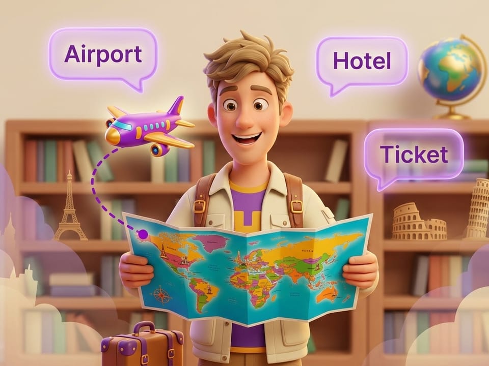 Personagem simpático viajante com mochila, mapa e avião no Curso de Inglês para Viagens da Escola Habilidade