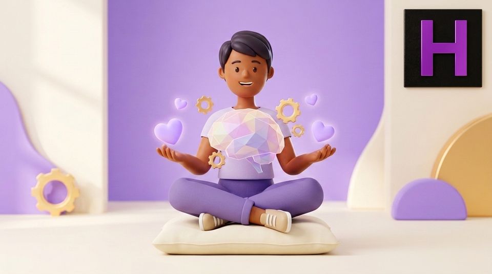 Personagem 3D equilibrando emoções com cérebro estilizado, corações e engrenagens na aula de Inteligência Emocional da Escola Habilidade em São José SC