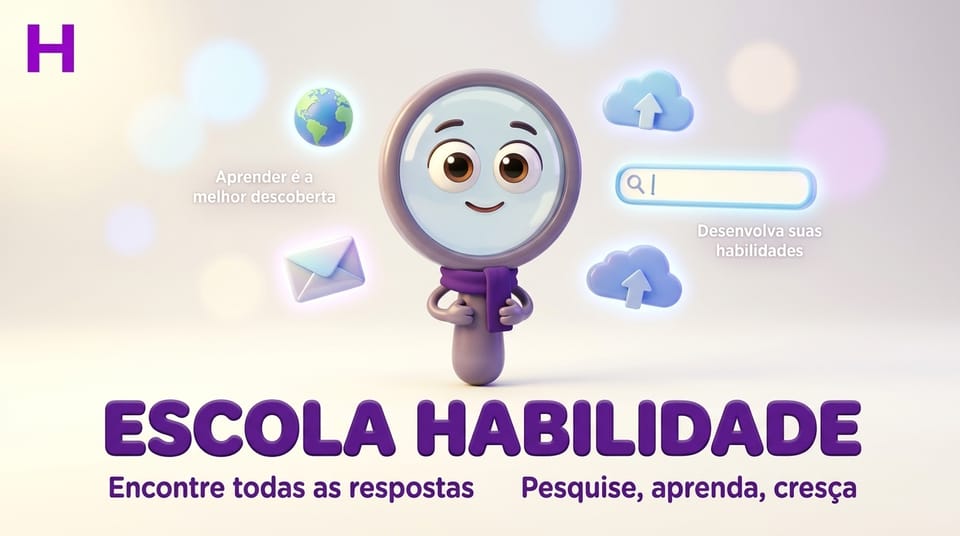 Personagem navegando na internet com globo, lupa e nuvem representando o Curso de Internet na Escola Habilidade