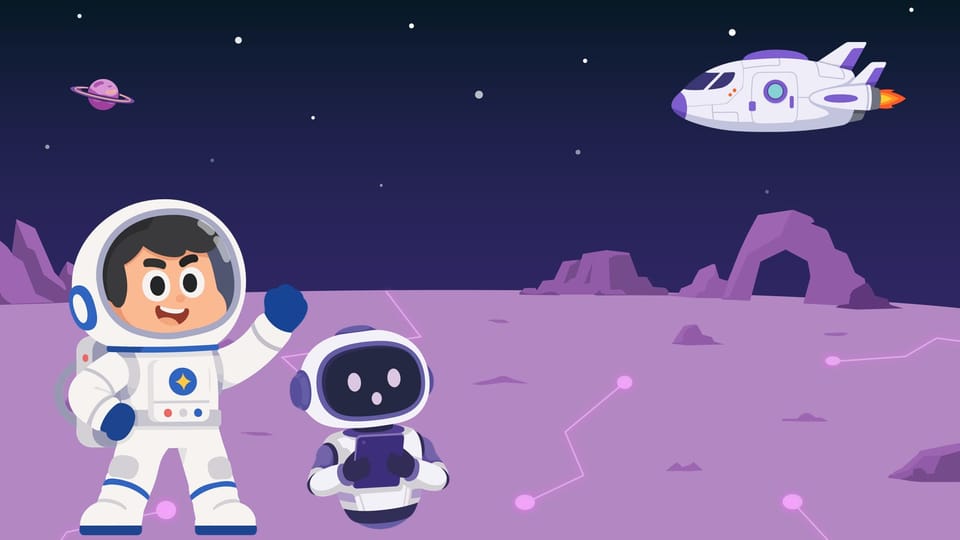 Astro e Byte no Planeta Tech, personagens do curso Introdução à Informática Kids da Escola Habilidade