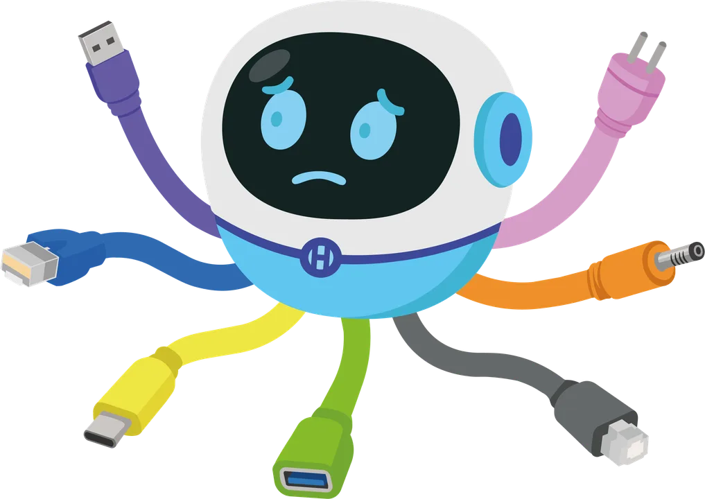 Hubi, personagem de cabos do curso Introdução à Informática Kids