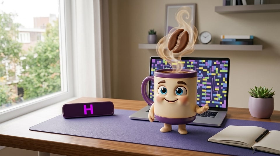 Mascote caneca de café simpática com código Java no Curso de Java da Escola Habilidade
