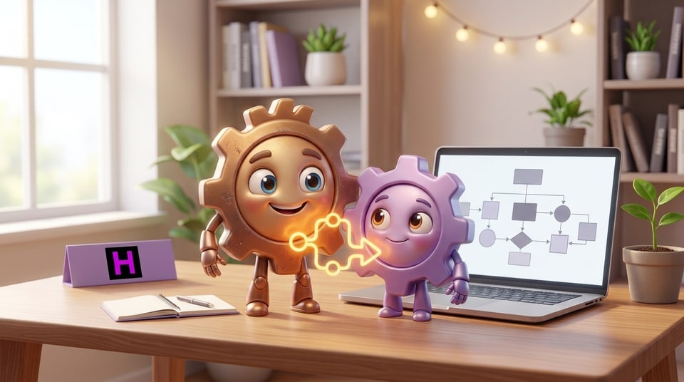 Mascote engrenagens e fluxograma simpáticos no Curso de Lógica de Programação da Escola Habilidade