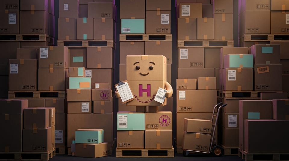 Mascote de caixa de papelão simpática em armazém com caixas e paletes, símbolo do Curso de Logística da Escola Habilidade
