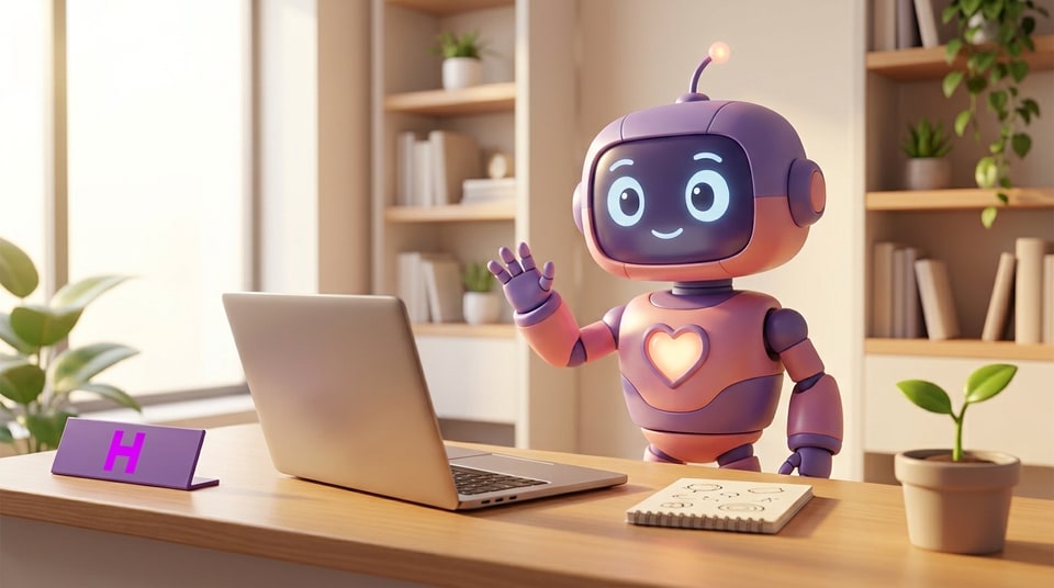 Mascote coração-robô simpático de IA no Curso de Lovable AI da Escola Habilidade