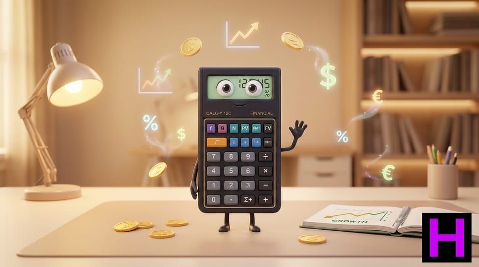 Calculadora HP12C estilizada e amigável com símbolos de matemática financeira — curso presencial em São José SC