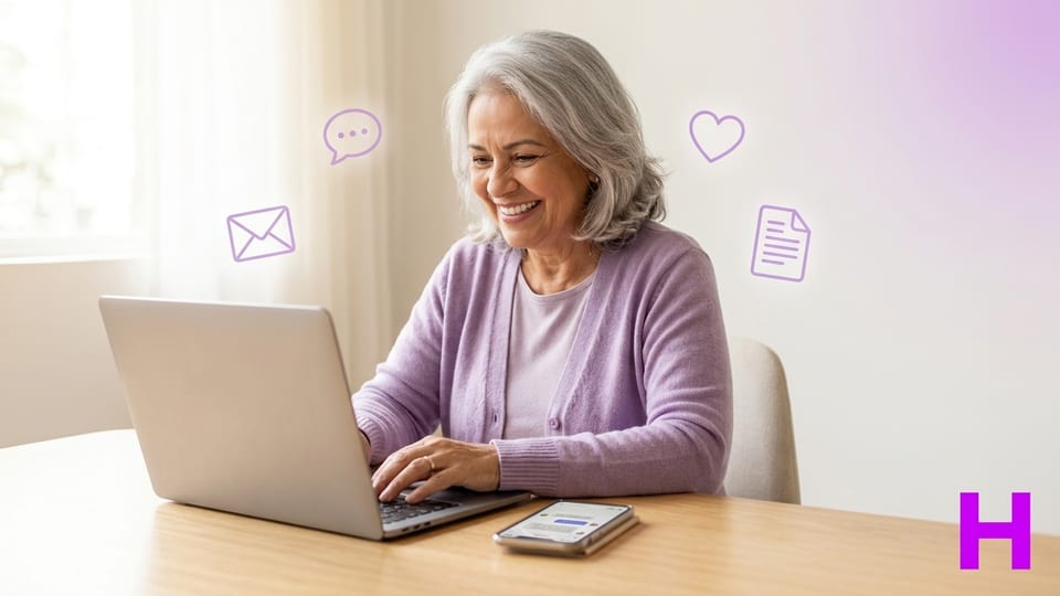 Pessoa da melhor idade sorrindo e usando o computador com confiança durante aula do Curso de Informática para a Melhor Idade na Escola Habilidade