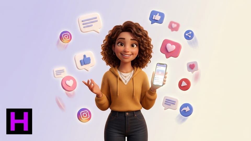 Personagem simpático segurando smartphone cercado por balões de curtida, comentário, coração e compartilhamento e ícones de redes sociais, símbolo do Curso de Mídias Sociais da Escola Habilidade