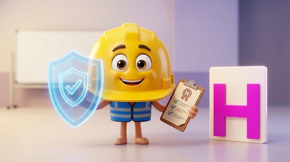 Mascote capacete de segurança simpático com escudo e prancheta representando o Curso NR 1 da Escola Habilidade