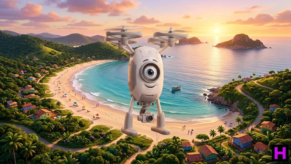 Drone com câmera sobrevoando o litoral de Santa Catarina no Curso de Operador de Drone da Escola Habilidade