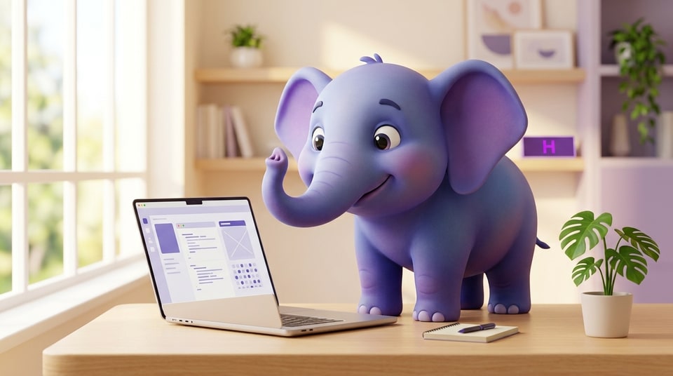 Mascote elefantinho PHP simpático com código no Curso de Programação PHP da Escola Habilidade