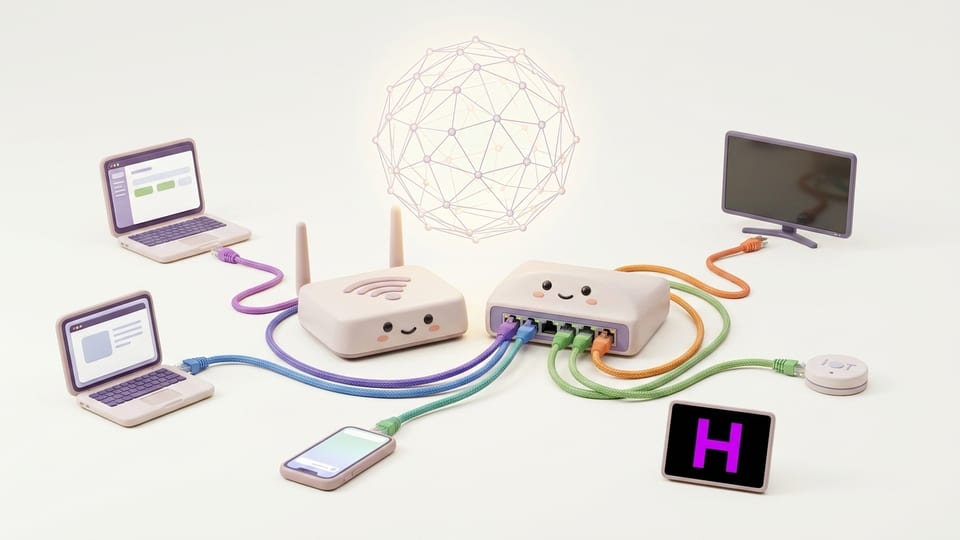 Ilustração conceitual do Curso de Redes de Computadores da Escola Habilidade: roteador e switch personificados conectados por cabos coloridos ao lado de um globo de rede estilizado