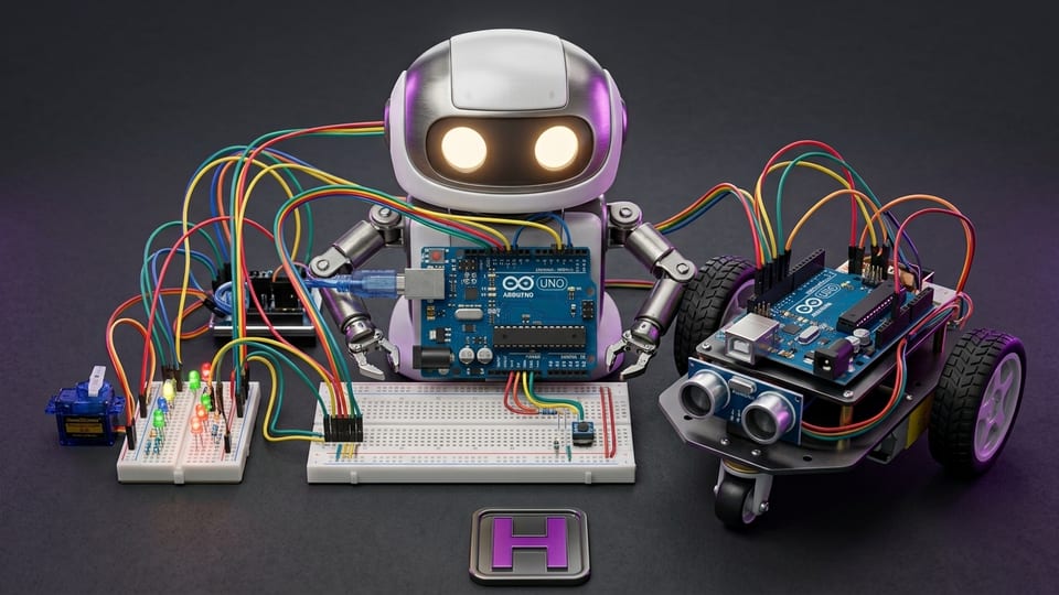 Robô amigável montado com Arduino no Curso de Robótica da Escola Habilidade
