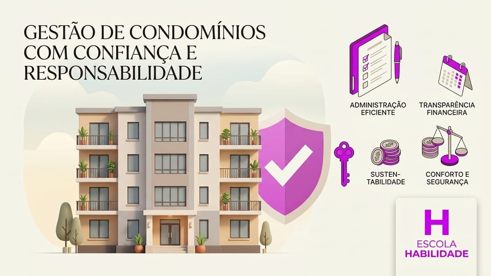 Prédio de condomínio estilizado com escudo e chave, símbolo de gestão — Curso de Síndico de Condomínio da Escola Habilidade