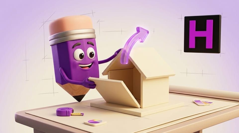 Mascote lápis simpático modelando uma casa 3D com push/pull e eixos coloridos no Curso de SketchUp Online da Escola Habilidade