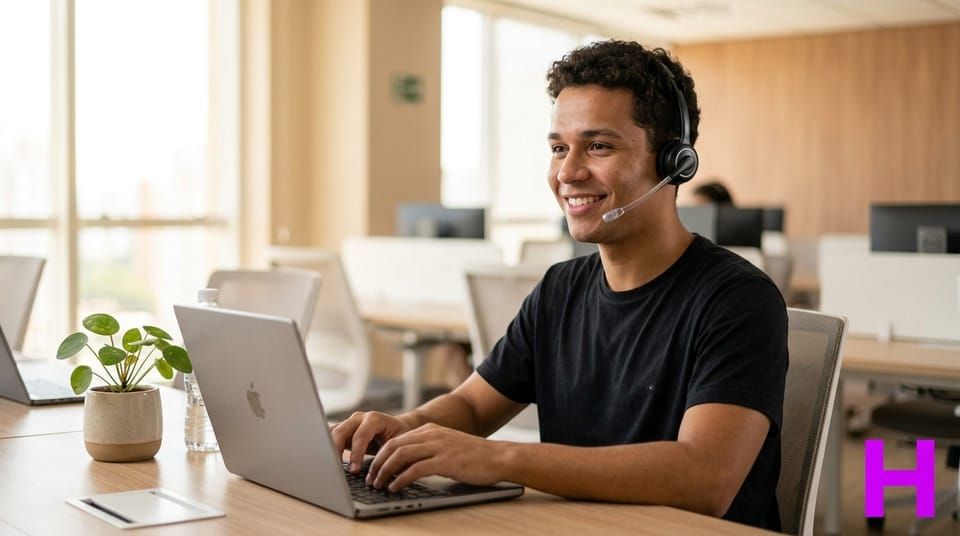 Operador de telemarketing sorrindo com headset telefônico durante aula na Escola Habilidade em São José SC