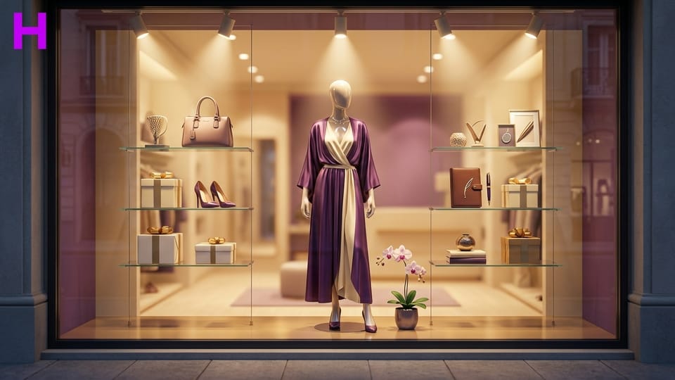 Vitrine de loja estilizada e colorida com produtos bem distribuídos, representando o Curso de Vitrinismo (visual merchandising) da Escola Habilidade