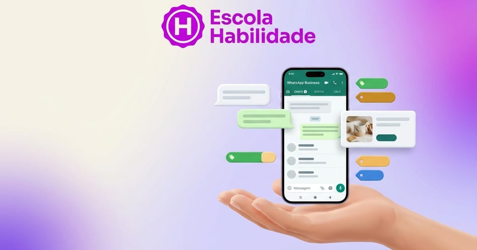 Empreendedor usando o WhatsApp Business com catálogo de produtos e etiquetas no Curso de WhatsApp Business da Escola Habilidade