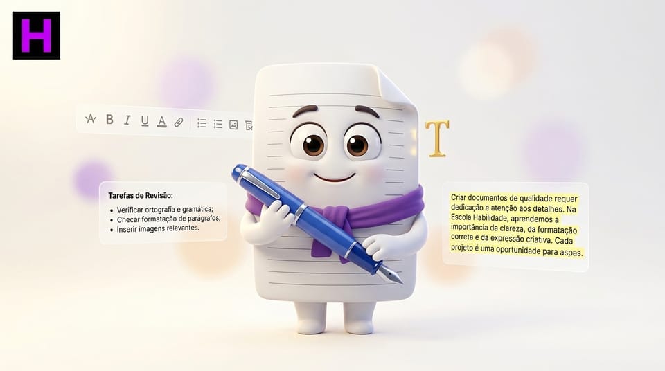 Página de documento do Word 2021 com formatação, tabelas e imagens representando o Curso de Microsoft Word na Escola Habilidade