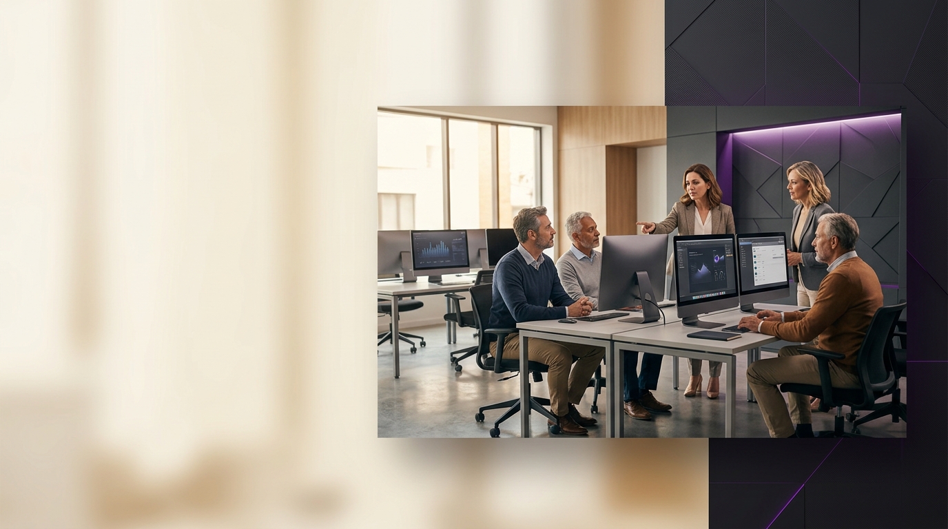 Professor orientando alunos em uma sala de aula presencial com computadores